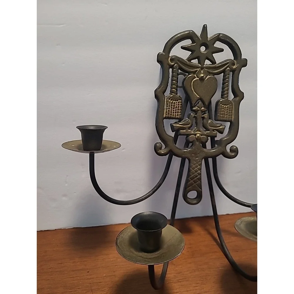 Vtg Pennsylvania Dutch Brass Trivet Wall Sconce 4 Candle Holder Unique Decor‎